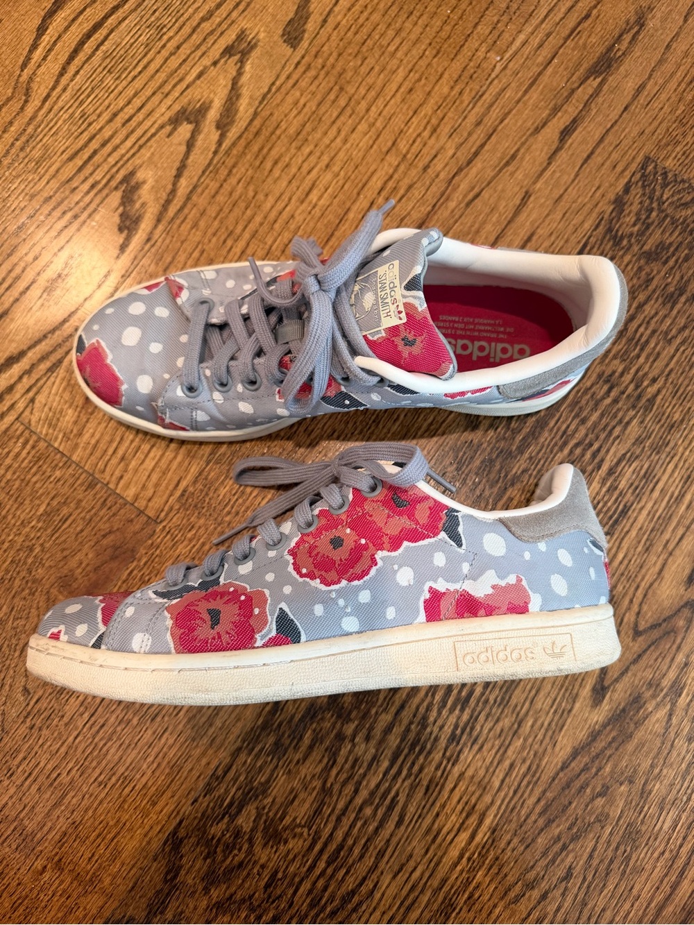 adidas Gray Floral Polka Dot Stan Smith Sneakers with Pink Accents